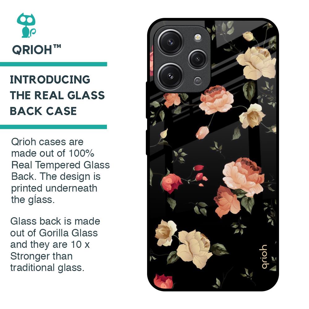 Black Spring Floral Glass Case for Redmi 12