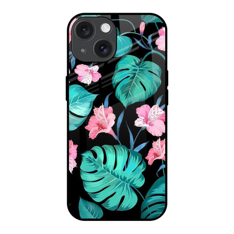 Tropical Leaves & Pink Flowers iPhone 15 Glass Back Cover Online