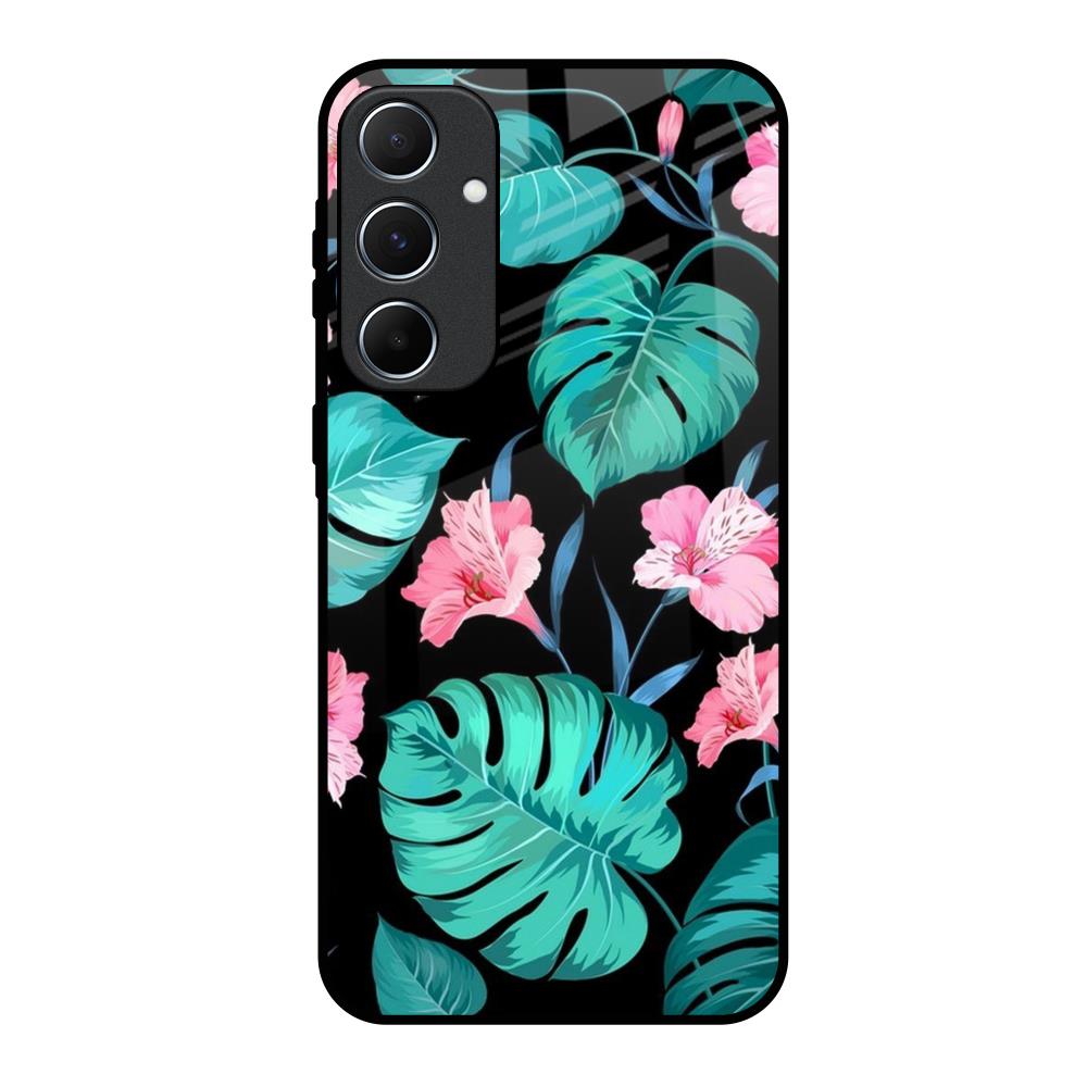 Tropical Leaves & Pink Flowers Samsung Galaxy A55 5G Glass Back Cover Online