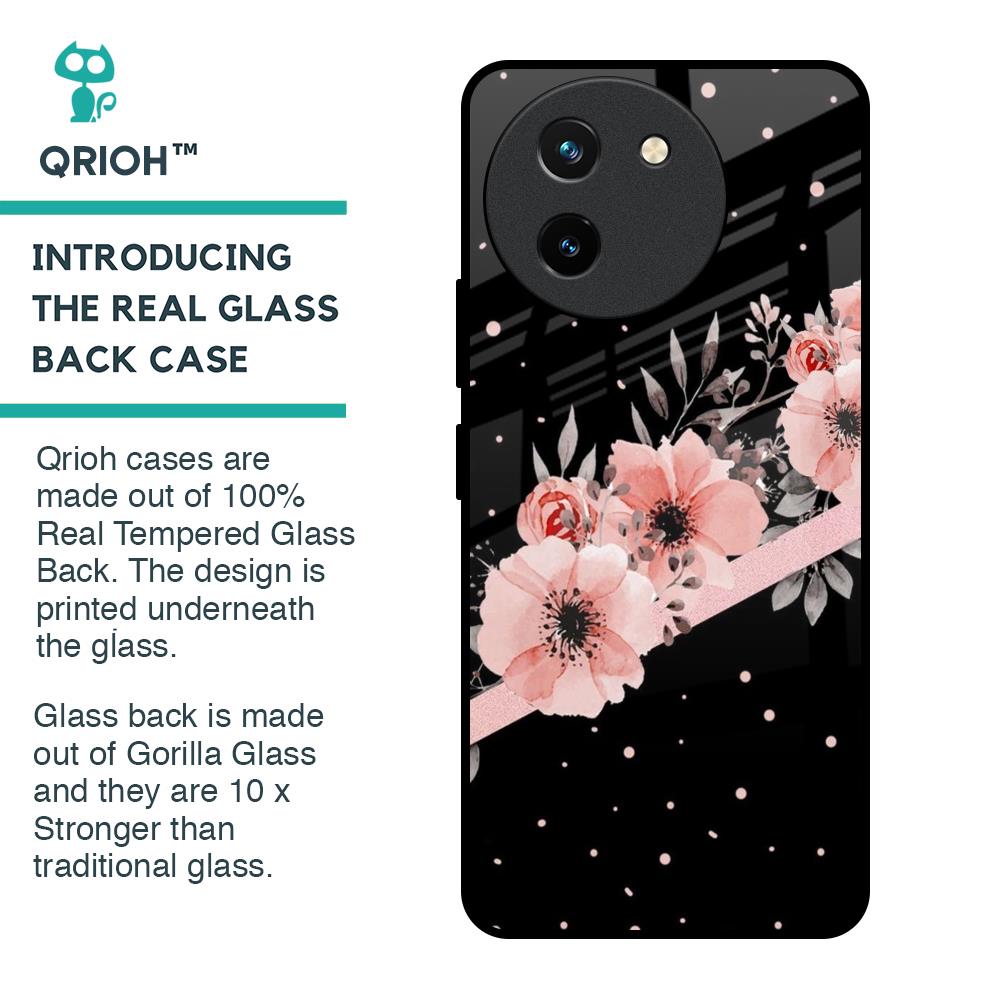 Floral Black Band Glass Case For Vivo T3X 5G