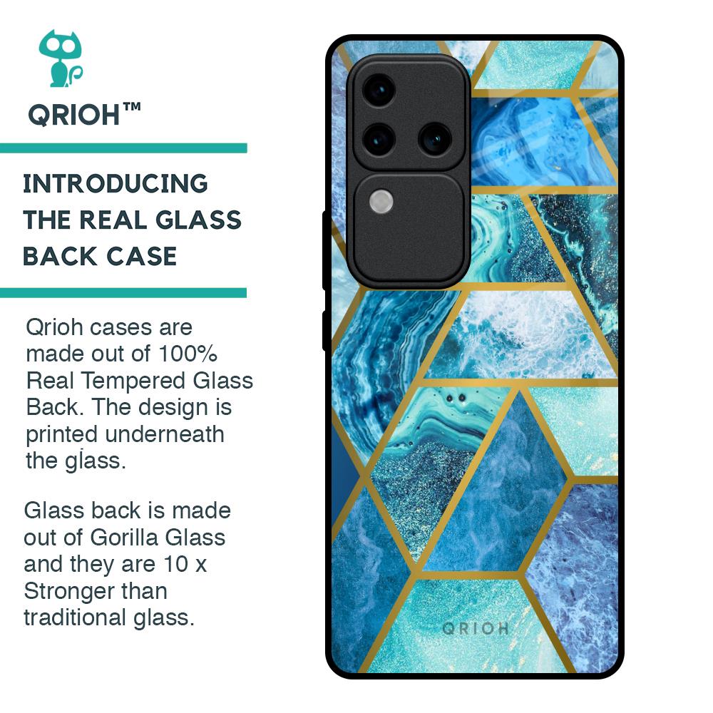 Turquoise Geometrical Marble Glass Case for Vivo V30 Pro 5G
