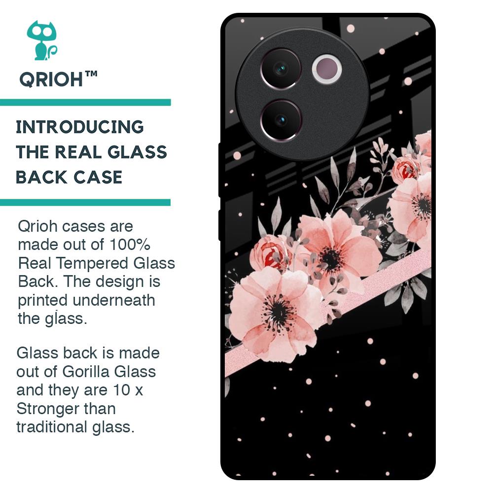 Floral Black Band Glass Case For Vivo V30e