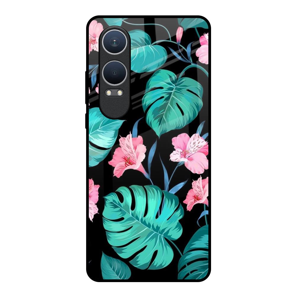 Tropical Leaves & Pink Flowers OnePlus Nord CE4 Lite 5G Glass Back Cover Online