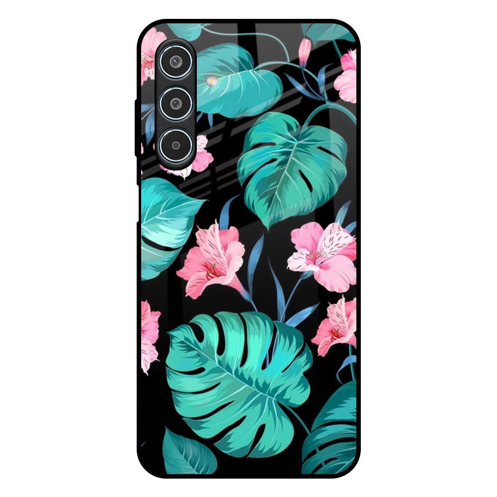Tropical Leaves & Pink Flowers Samsung Galaxy M35 5G Glass Back Cover Online