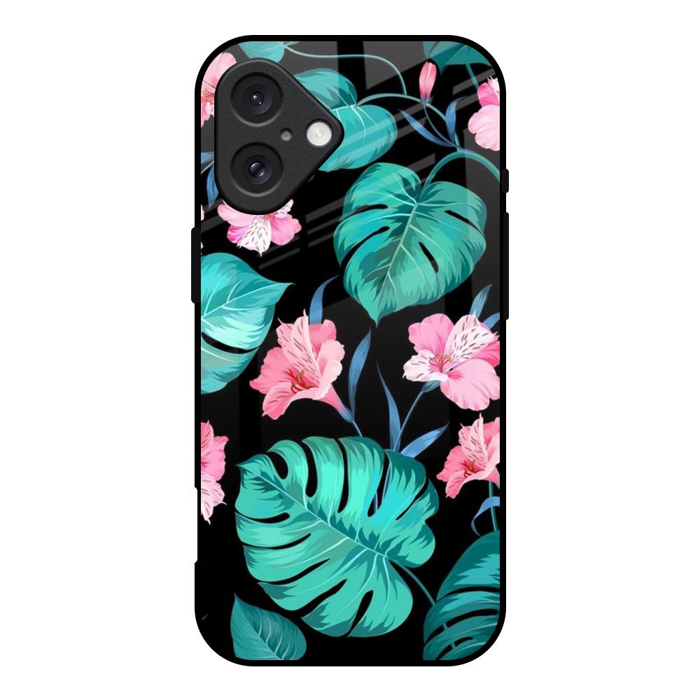 Tropical Leaves & Pink Flowers iPhone 16 Glass Back Cover Online