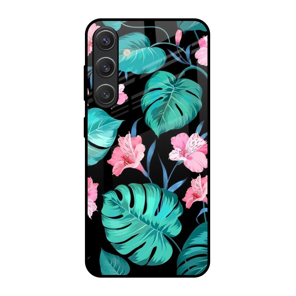 Tropical Leaves & Pink Flowers Samsung Galaxy S25 5G Glass Back Cover Online