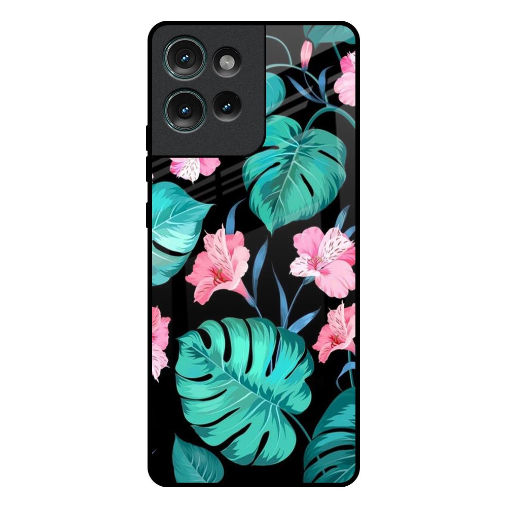 Tropical Leaves & Pink Flowers Motorola Edge 50 5G Glass Back Cover Online