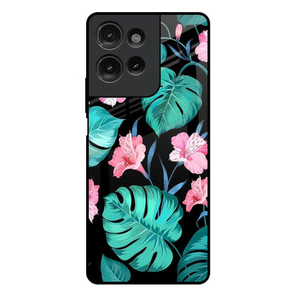 Tropical Leaves & Pink Flowers Motorola G75 5G Glass Back Cover Online