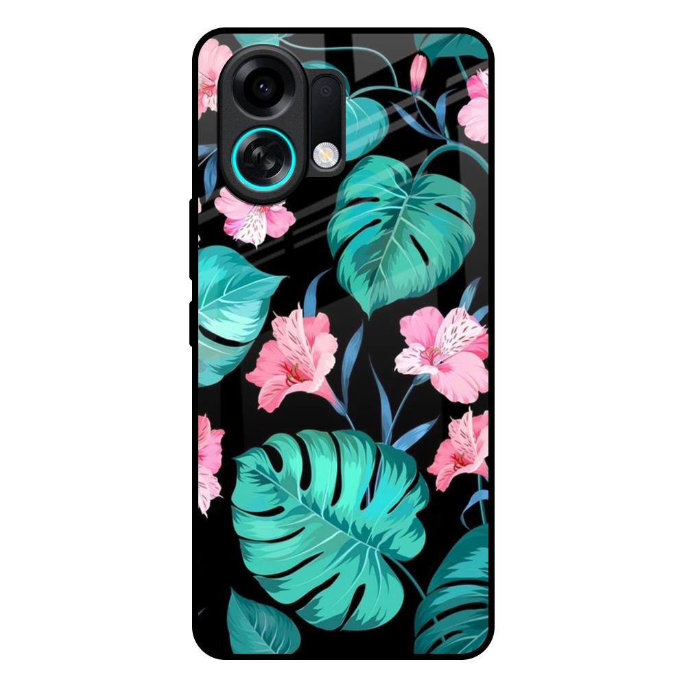 Tropical Leaves & Pink Flowers Oppo K13 Turbo Pro 5G Glass Back Cover Online