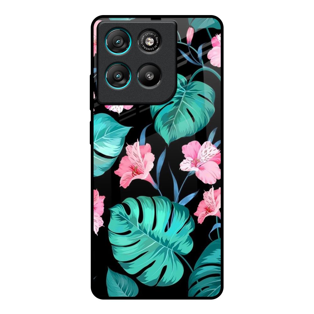 Tropical Leaves & Pink Flowers Motorola Edge G67 Power Glass Back Cover Online
