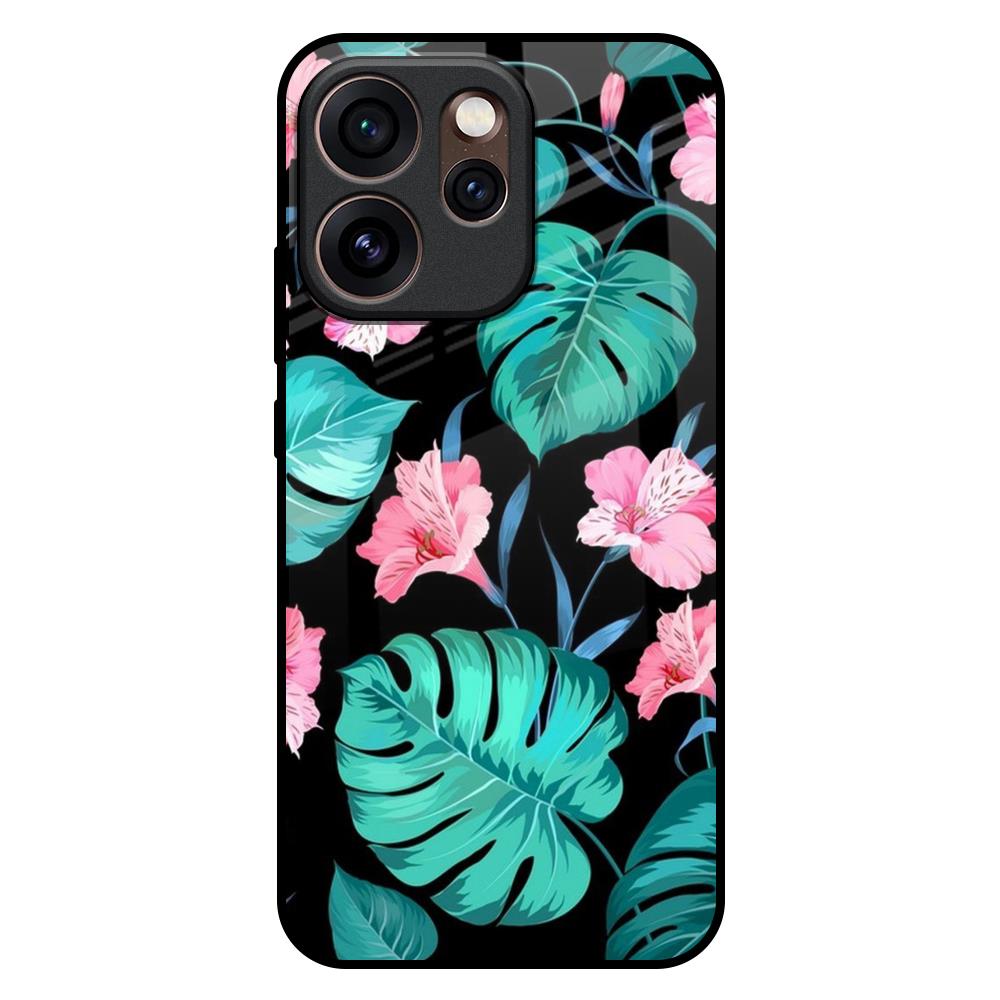 Tropical Leaves & Pink Flowers Oppo Reno15 Pro Mini 5G Glass Back Cover Online