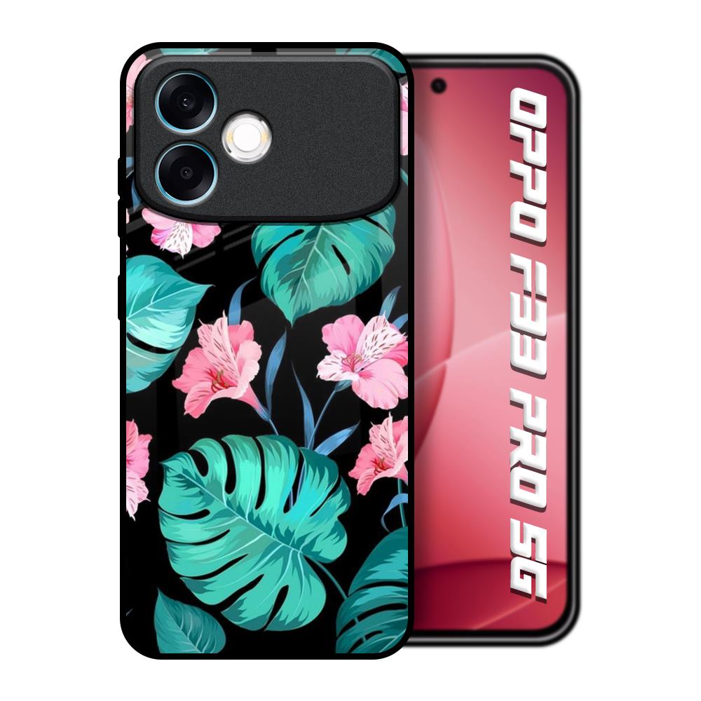 Tropical Leaves & Pink Flowers Oppo F33 Pro 5G Glass Back Cover Online