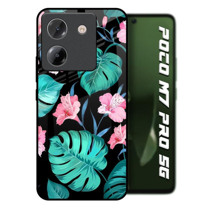 Tropical Leaves & Pink Flowers Poco M7 Pro 5G Glass Back Cover Online