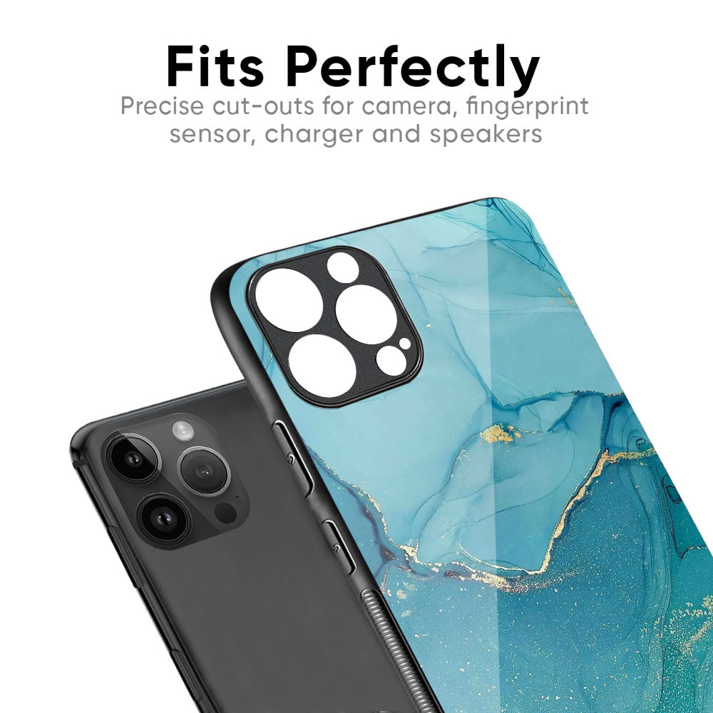 Blue Golden Glitter Glass Case for iPhone 16