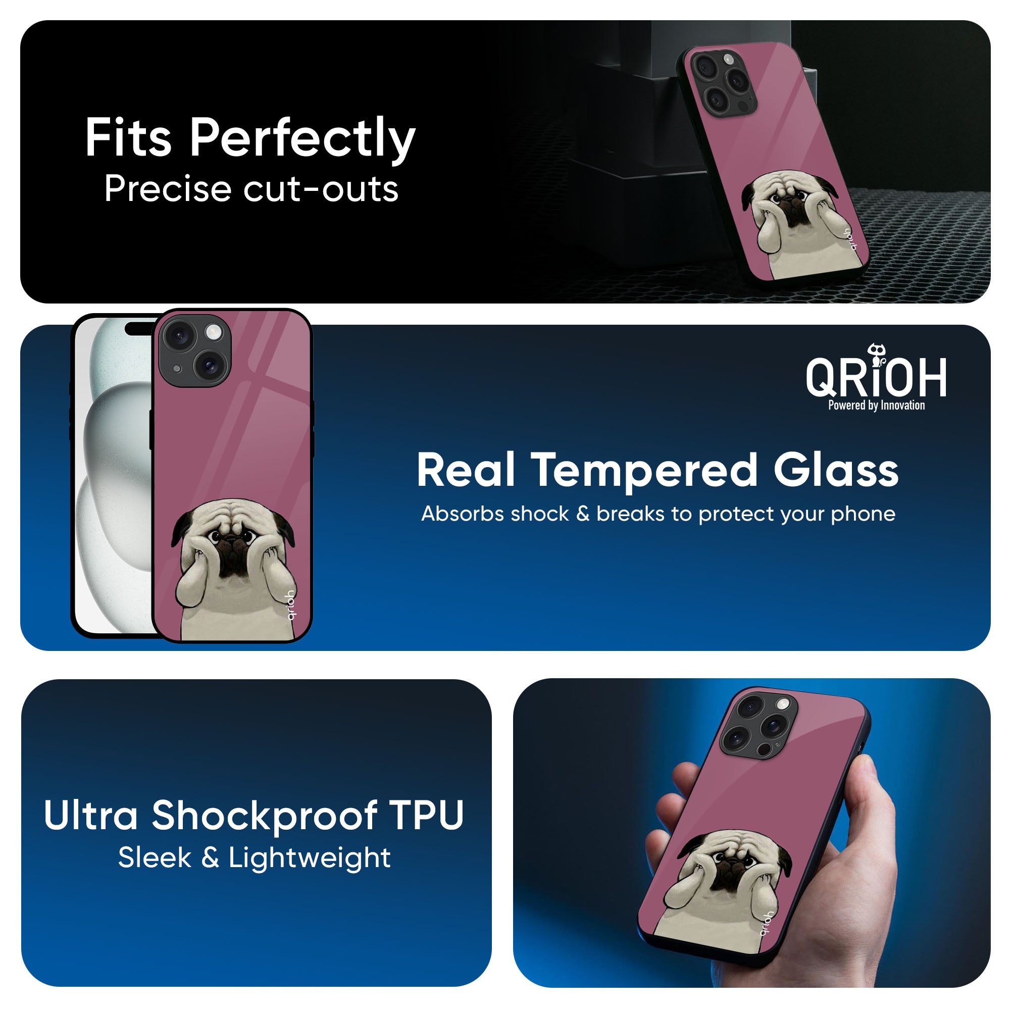 Funny Pug Face Glass Case For iPhone 16 Pro Max