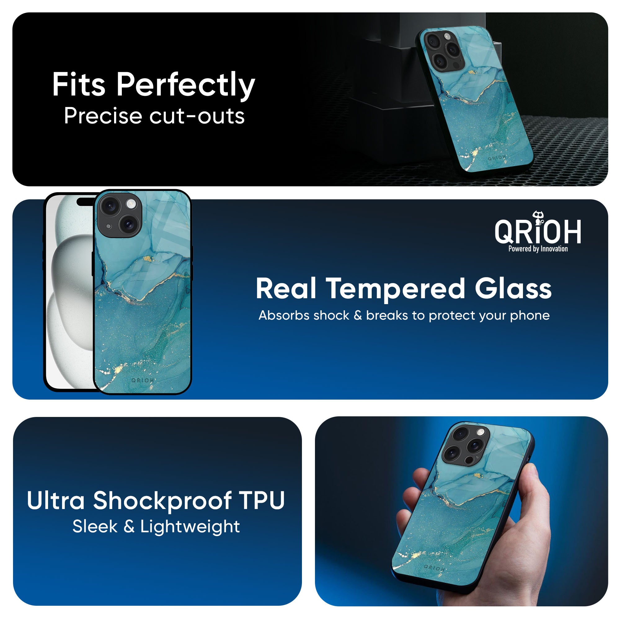 Blue Golden Glitter Glass Case for iPhone 16 Pro Max