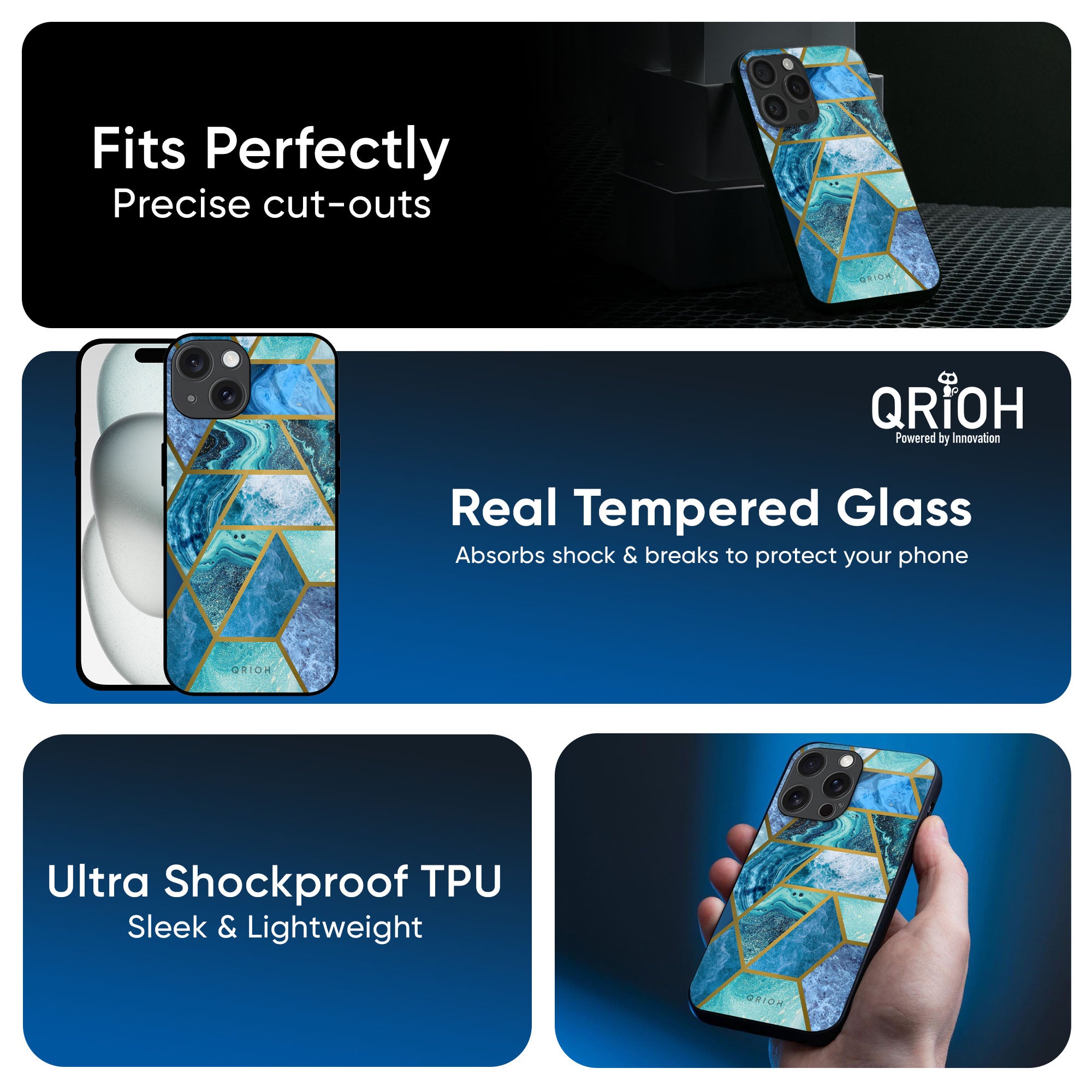 Turquoise Geometrical Marble Glass Case for iPhone 16 Pro Max
