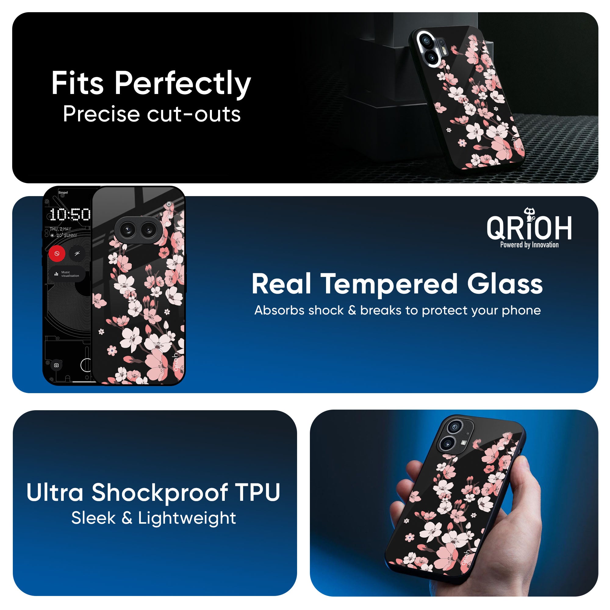 Black Cherry Blossom Glass Case for Nothing CMF Phone 1