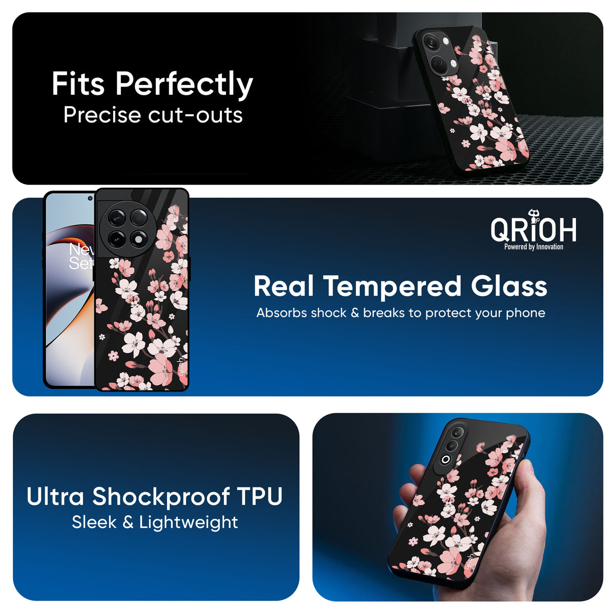 Black Cherry Blossom Glass Case for OnePlus Nord 4 5G