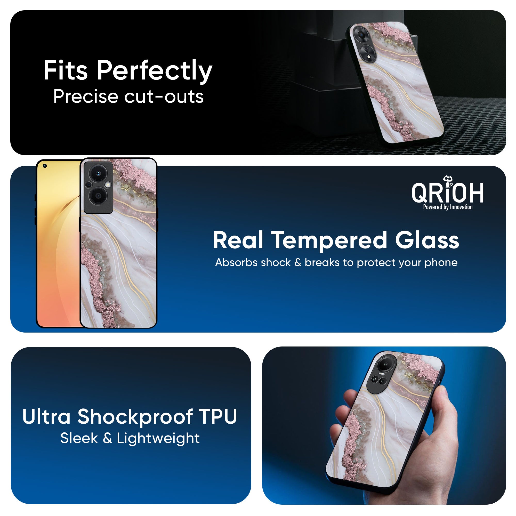 Pink & Gold Gllitter Marble Glass Case for Oppo Reno11 5G