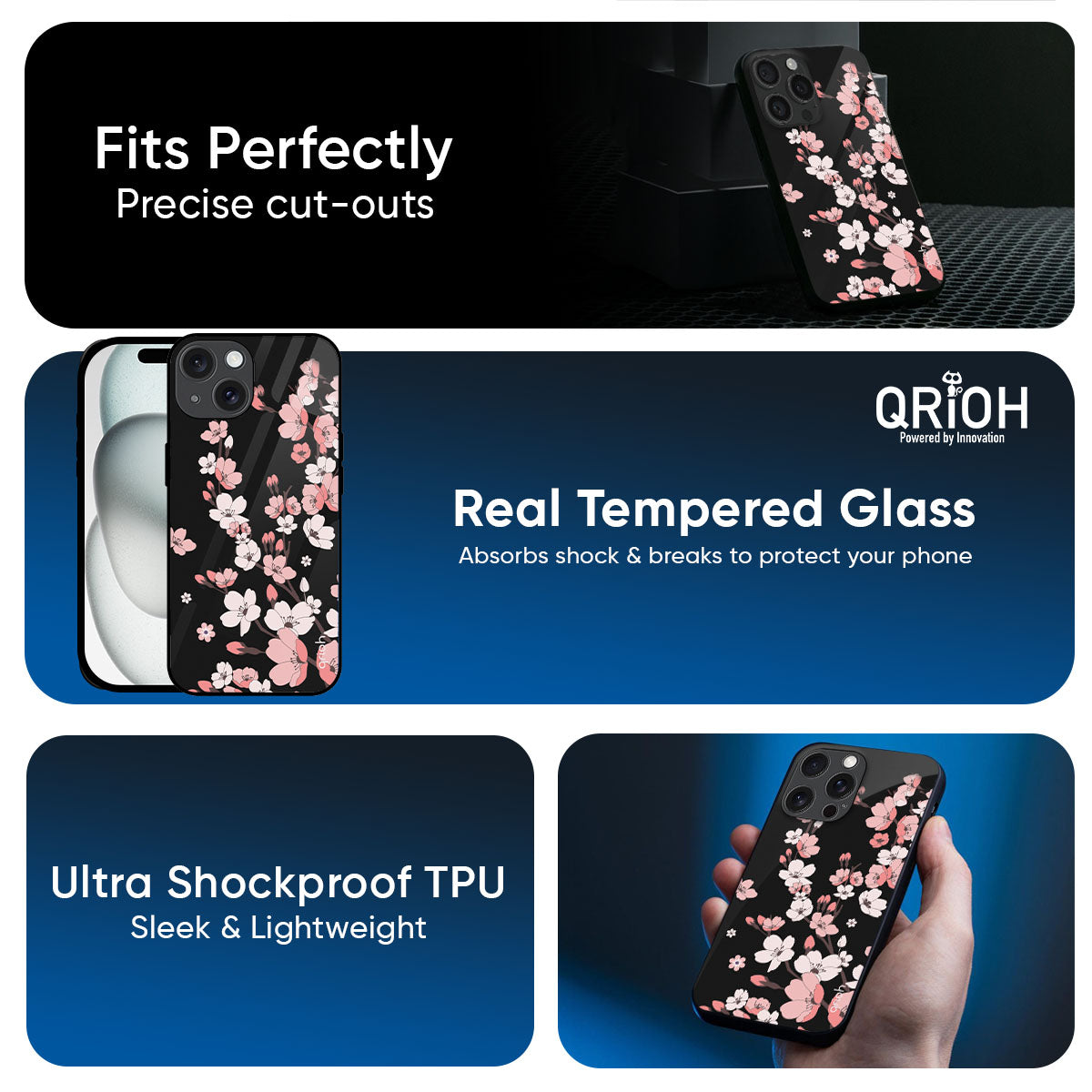 Black Cherry Blossom Glass Case for iPhone 17