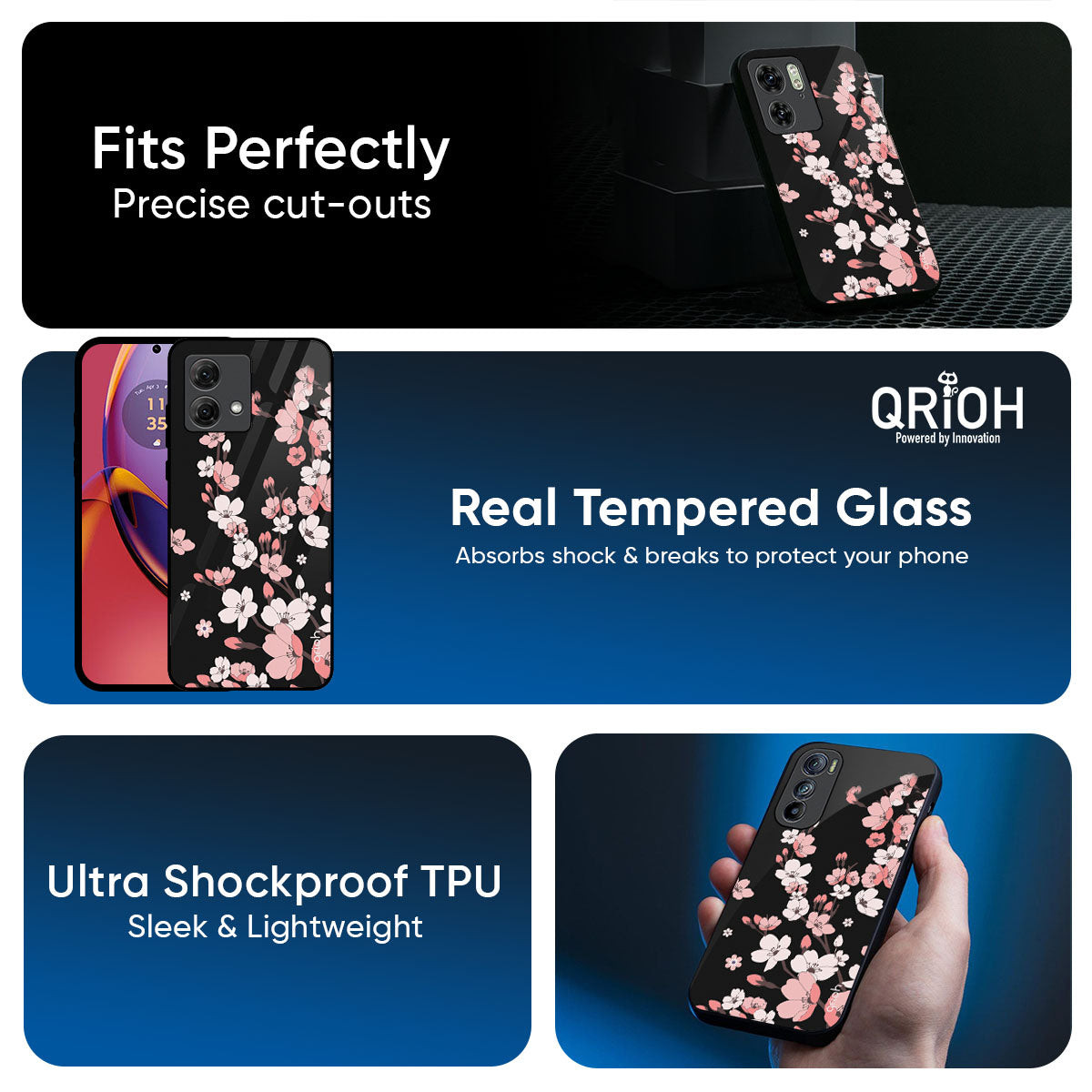 Black Cherry Blossom Glass Case for Motorola Edge 70 5G