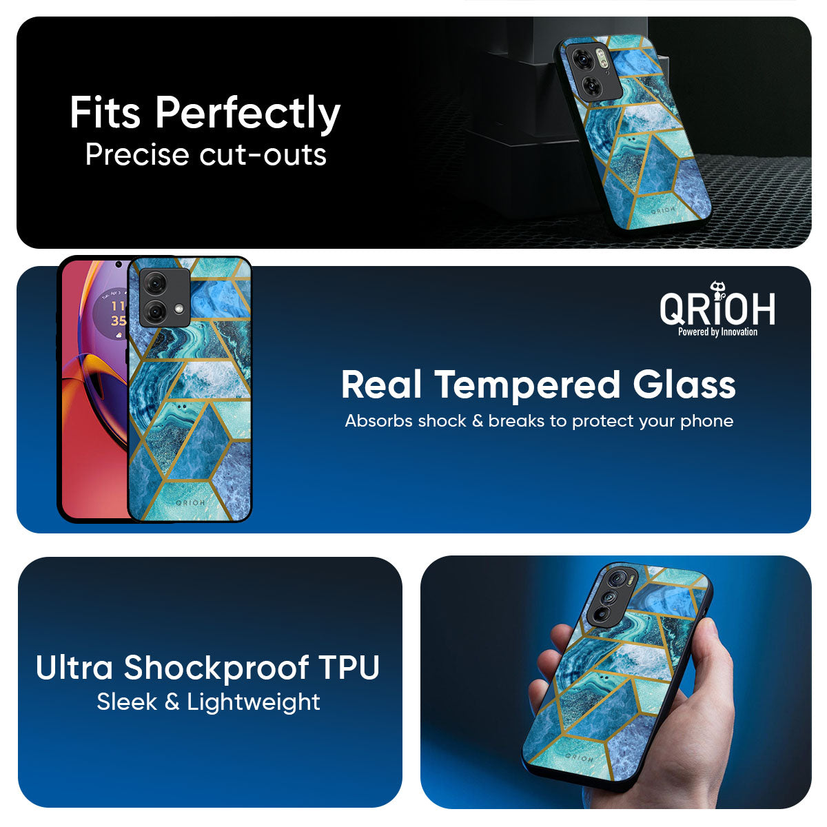 Turquoise Geometrical Marble Glass Case for Motorola Edge 60 Pro