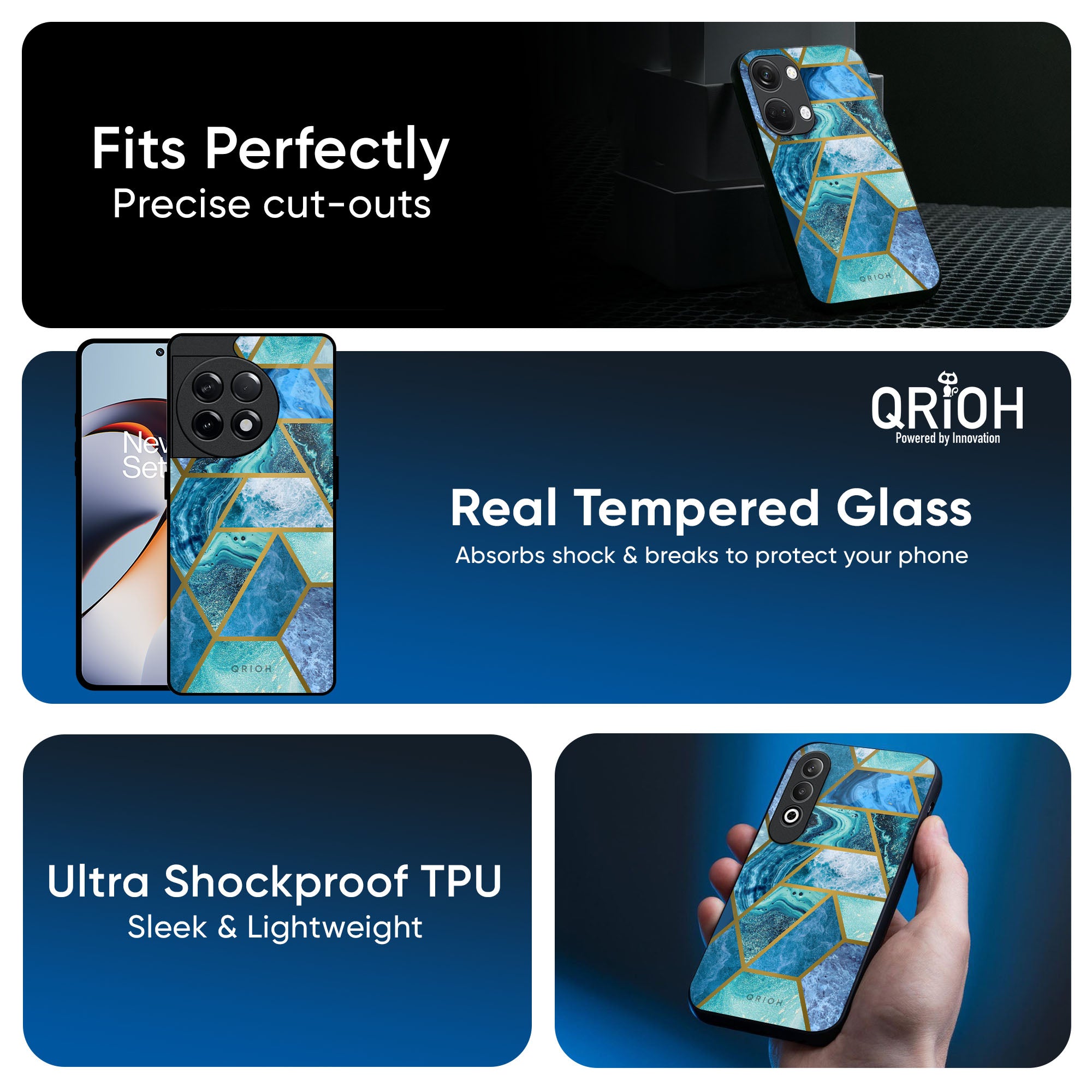 Turquoise Geometrical Marble Glass Case for OnePlus Nord CE5 5G
