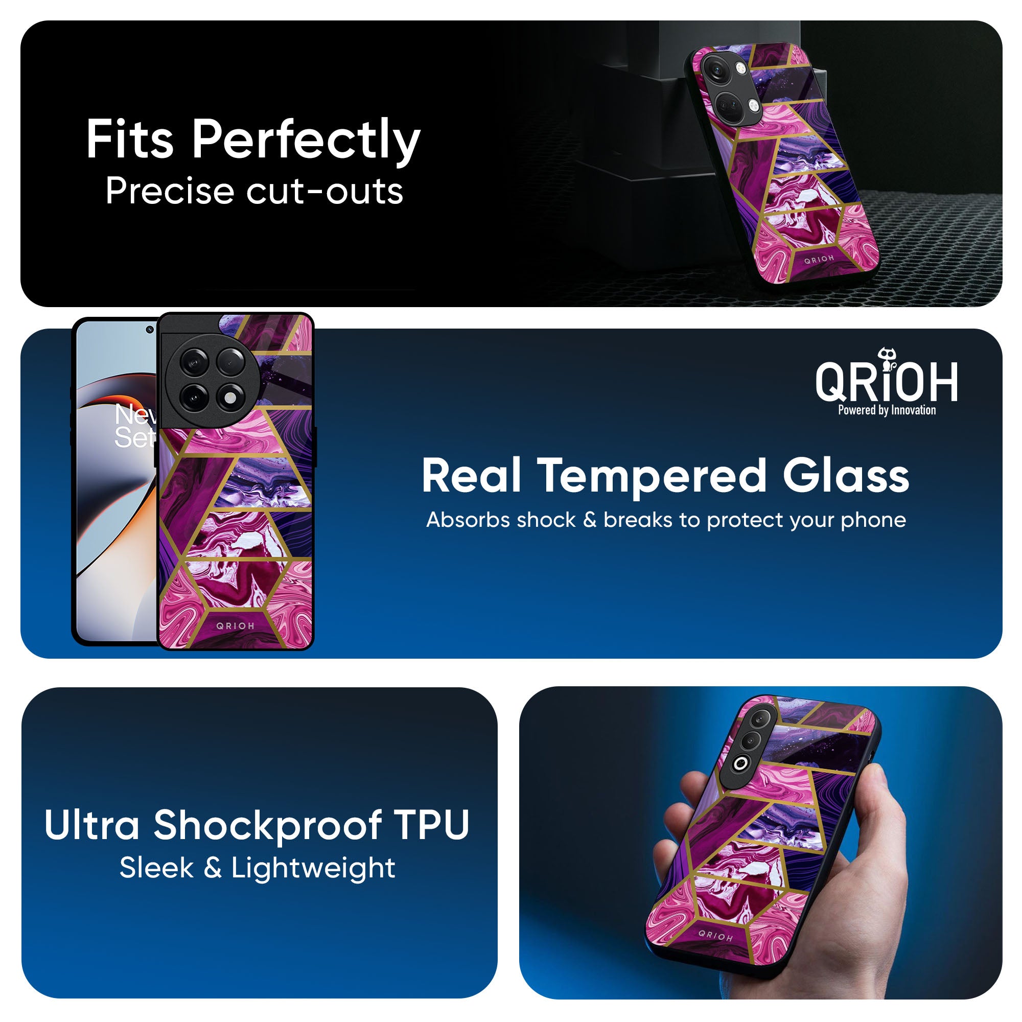 Electroplated Geometric Marble Glass Case for OnePlus 13R 5G