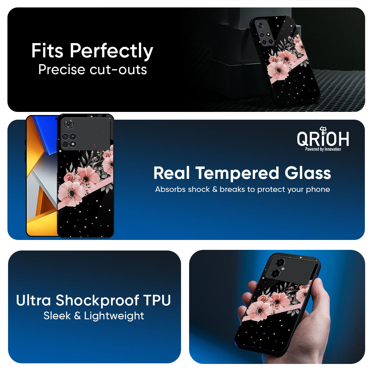 Floral Black Band Glass Case For Poco F6 5G
