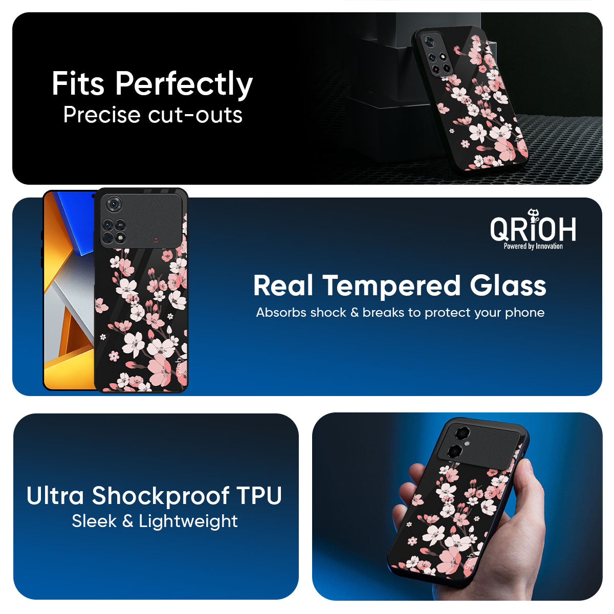 Black Cherry Blossom Glass Case for Poco X8 Pro 5G