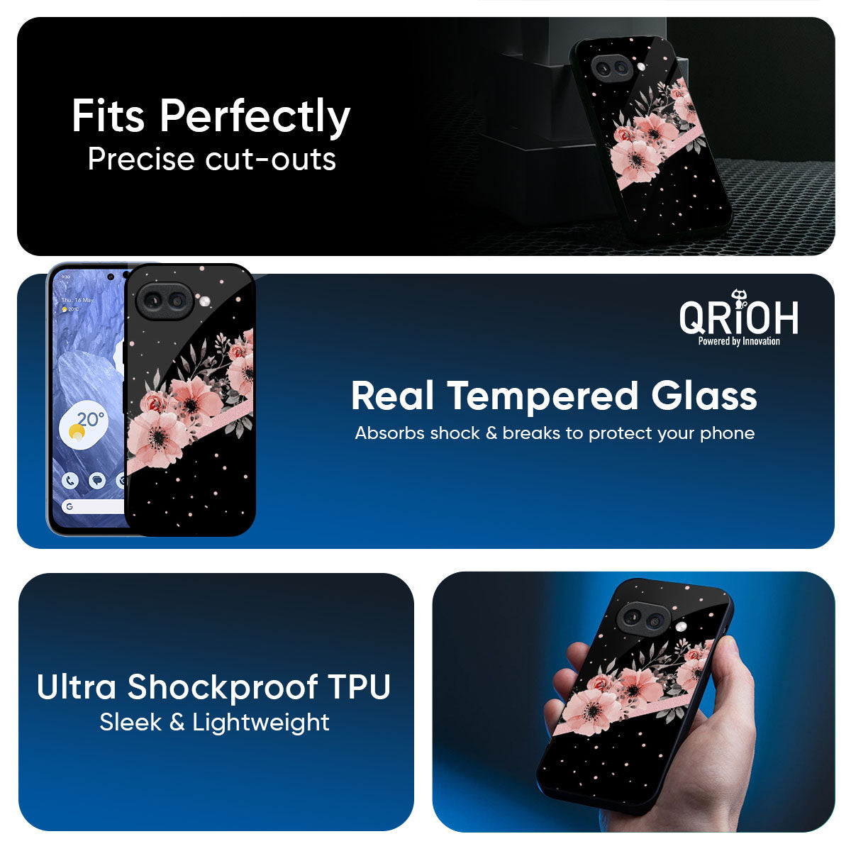 Floral Black Band Glass Case For Google Pixel 9A