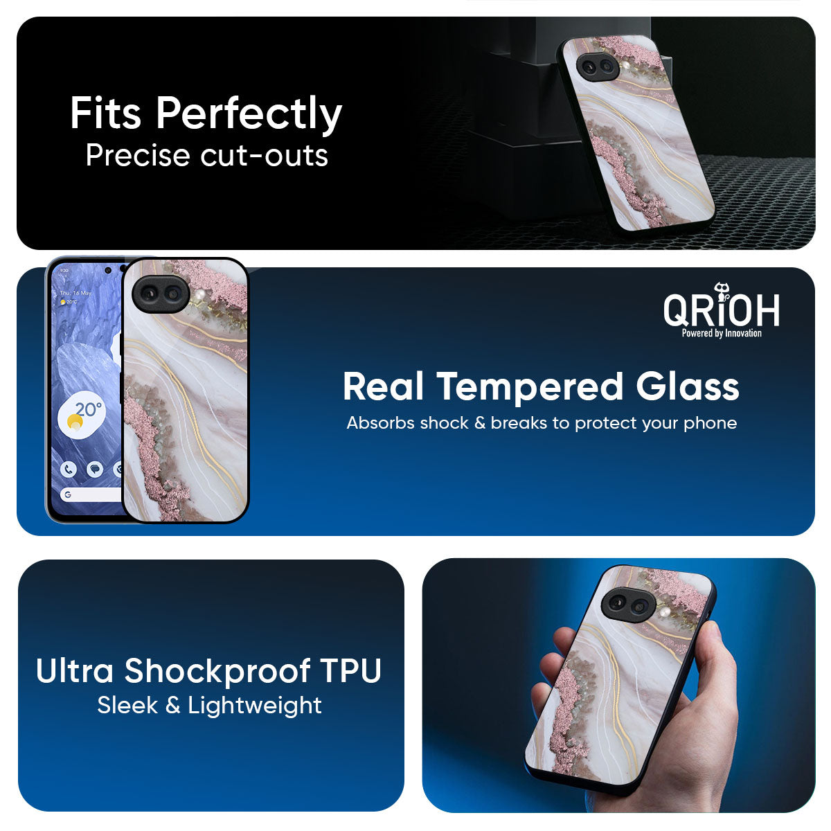 Pink & Gold Gllitter Marble Glass Case for Google Pixel 9A