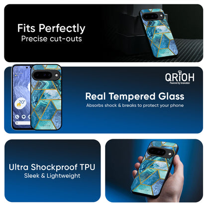Turquoise Geometrical Marble Glass Case for Google Pixel 10 5G