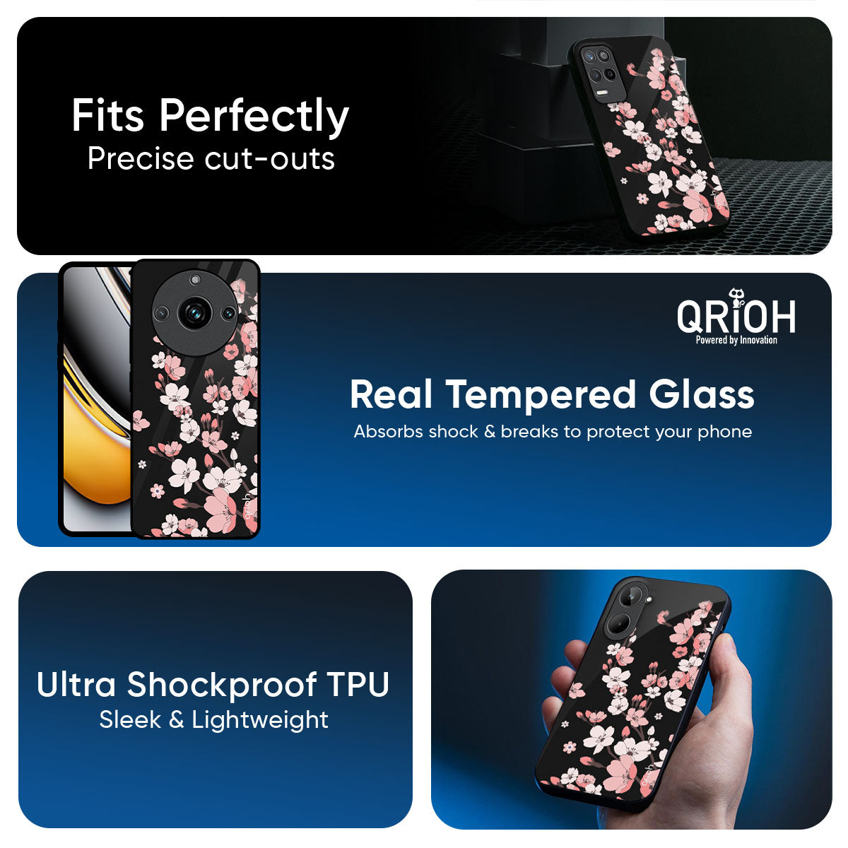 Black Cherry Blossom Glass Case for Realme 14 Pro 5G