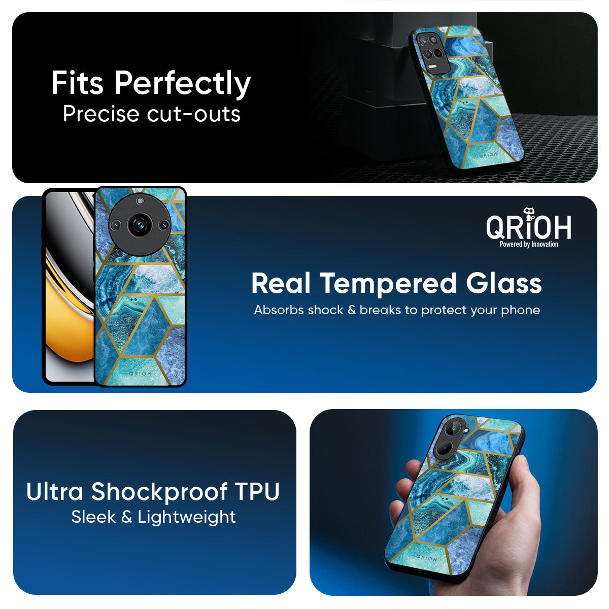 Turquoise Geometrical Marble Glass Case for Realme 14 Pro 5G