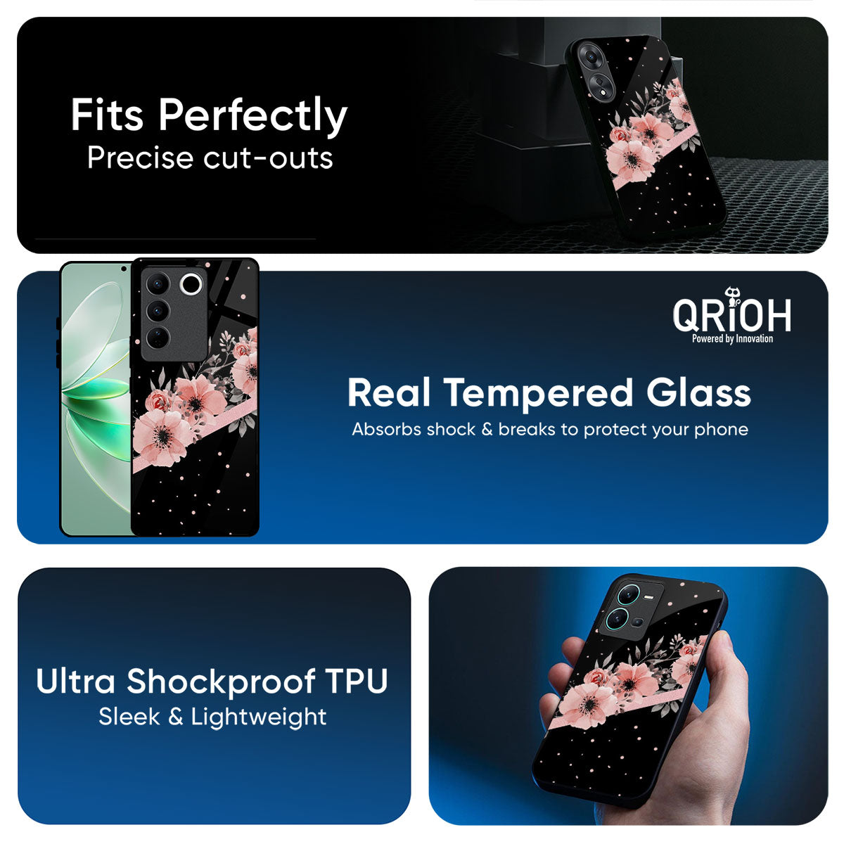 Floral Black Band Glass Case For Vivo X200T 5G