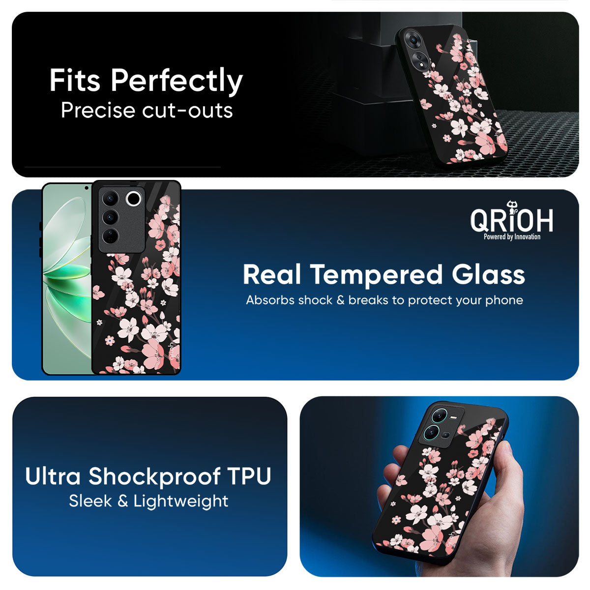 Black Cherry Blossom Glass Case for Vivo T5 Pro 5G