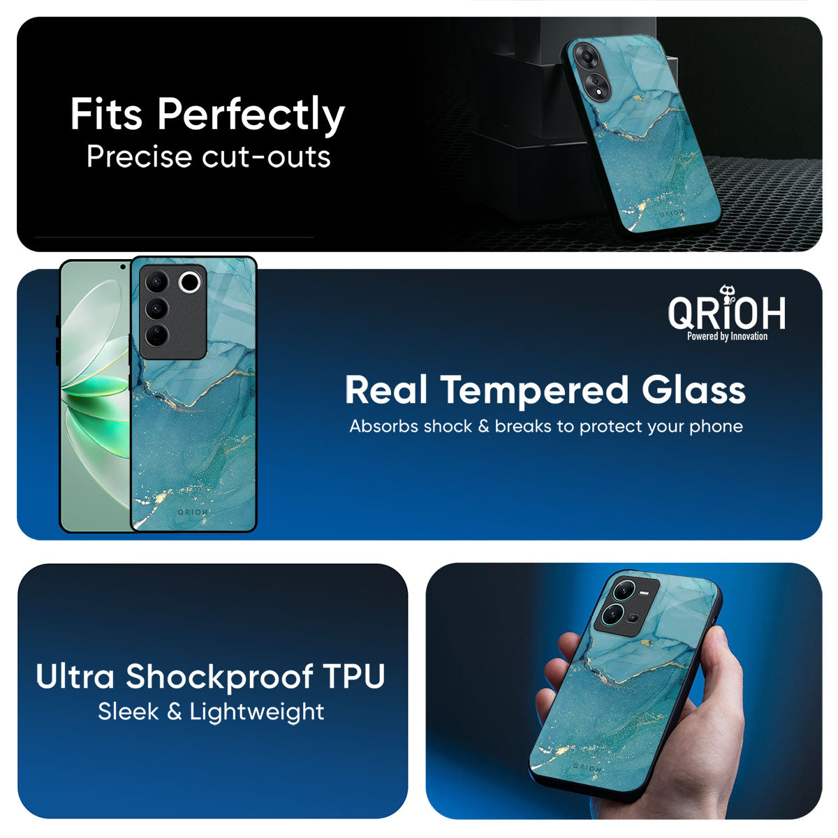 Blue Golden Glitter Glass Case for Vivo V70 FE 5G