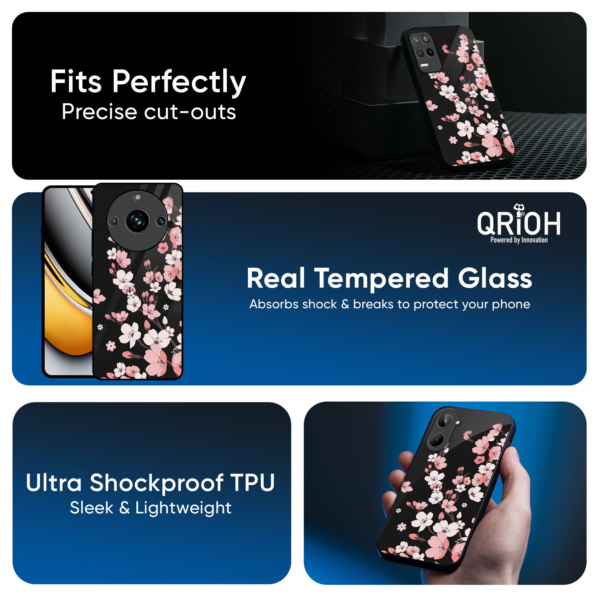 Black Cherry Blossom Glass Case for Realme 13 Pro Plus 5G
