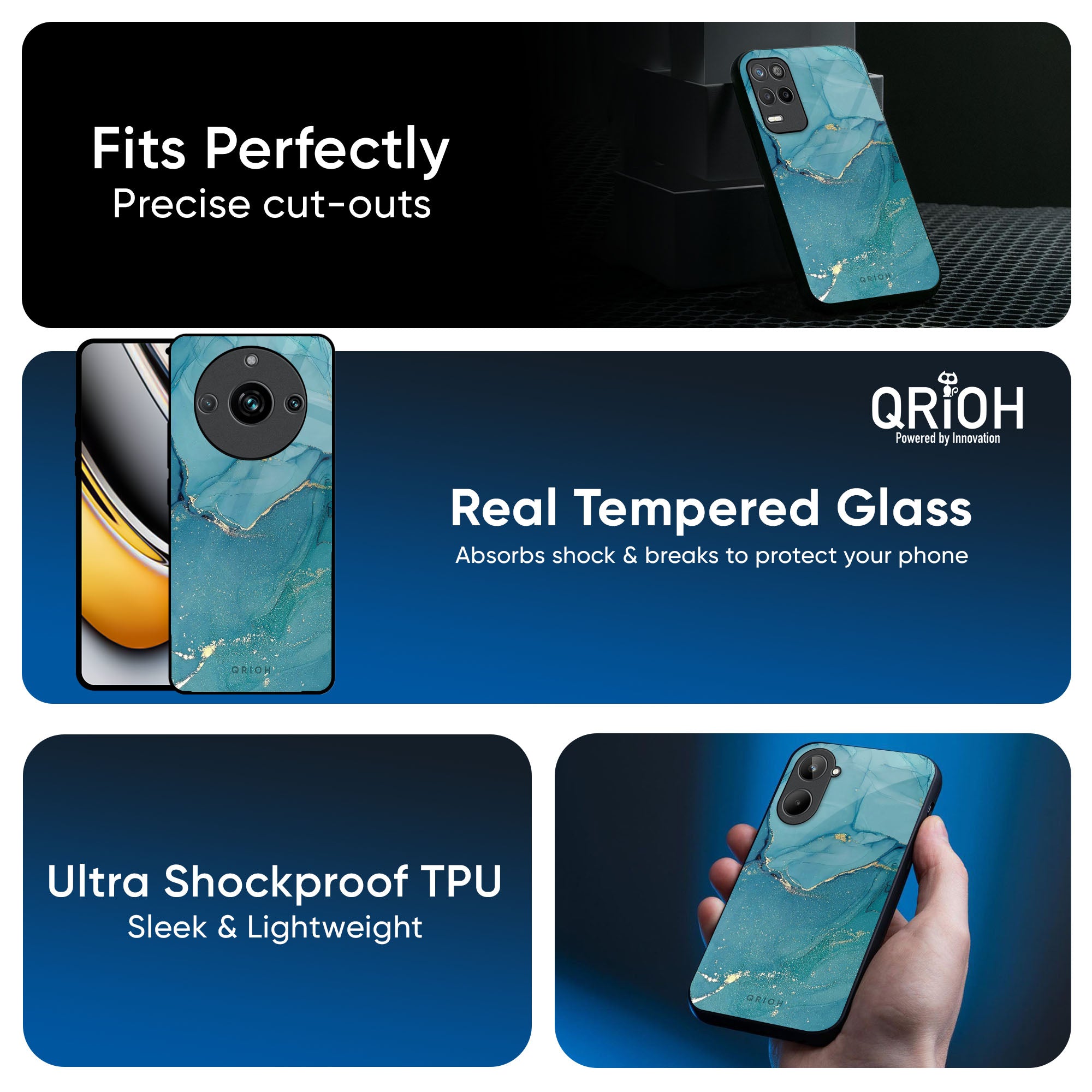 Blue Golden Glitter Glass Case for Realme GT7 Pro