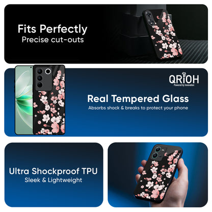 Black Cherry Blossom Glass Case for IQOO Z9s Pro 5G