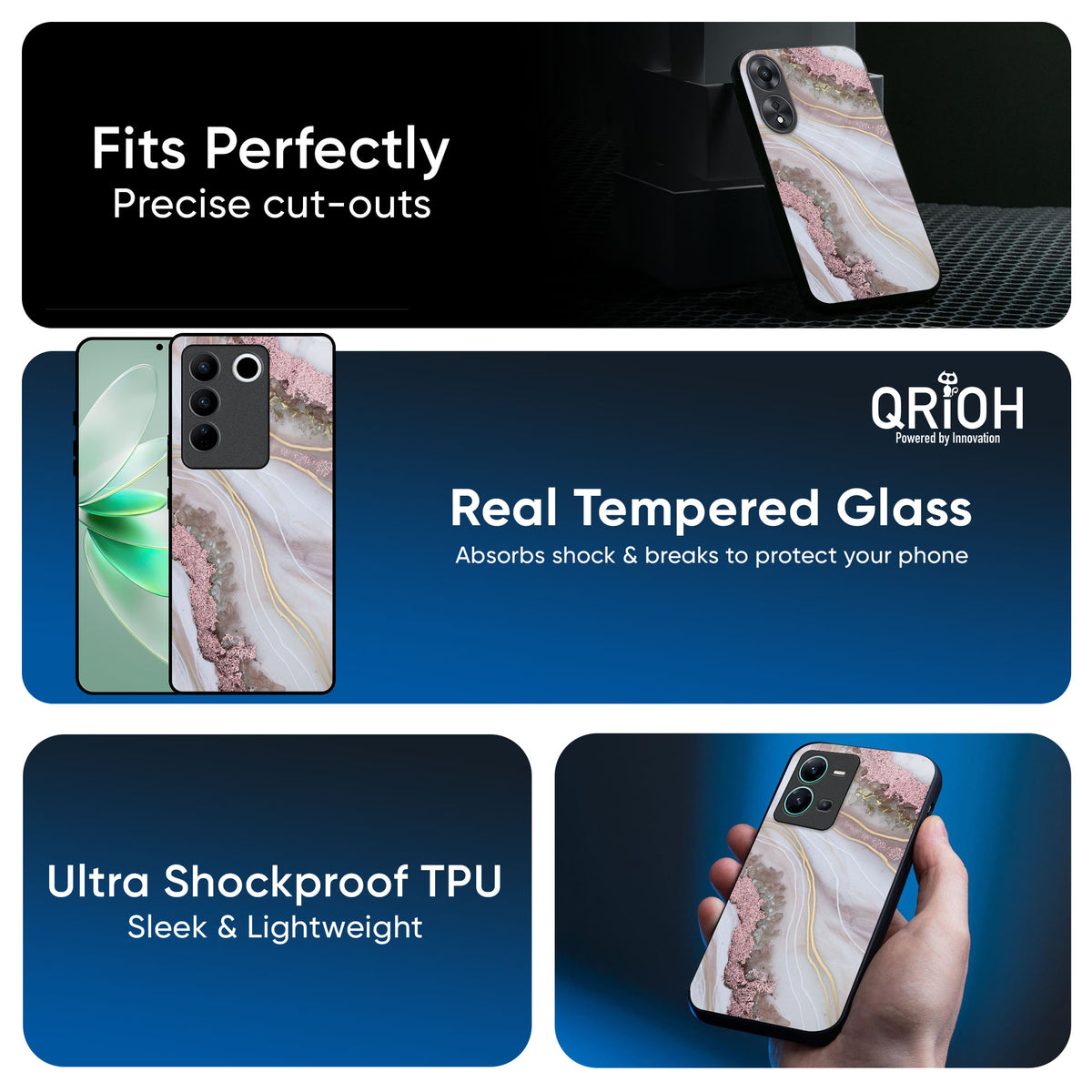 Pink & Gold Gllitter Marble Glass Case for Vivo X90 5G