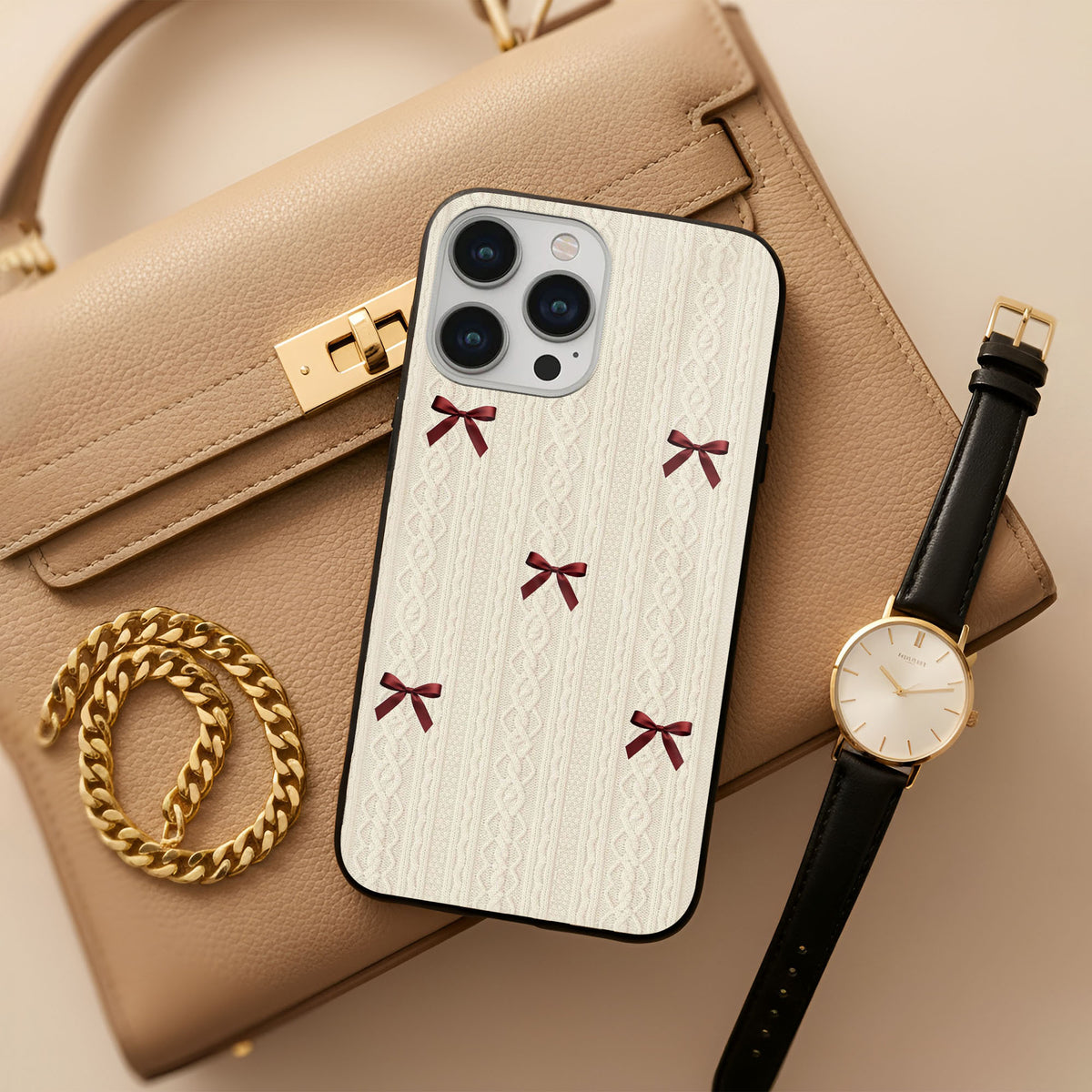 Maroon Bows Print Glass Case