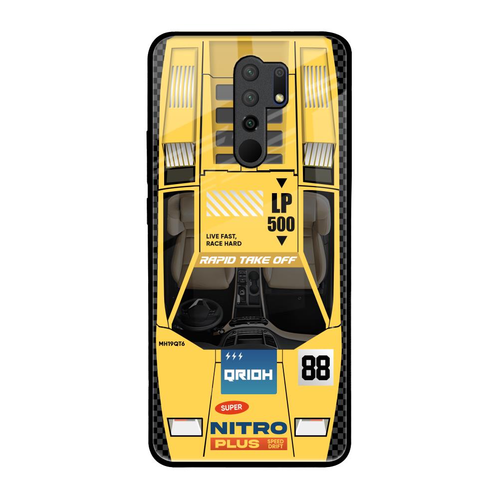Yellow Racing Car Redmi 9 prime Glass Back Cover Online