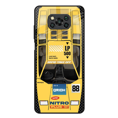 Yellow Racing Car Poco X3 Glass Back Cover Online