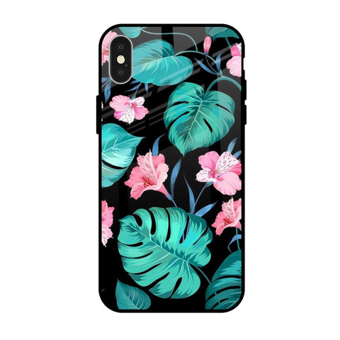 Tropical Leaves & Pink Flowers iPhone X Glass Back Cover Online