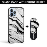 White Texture Marble Glass case with Slider Phone Grip Combo