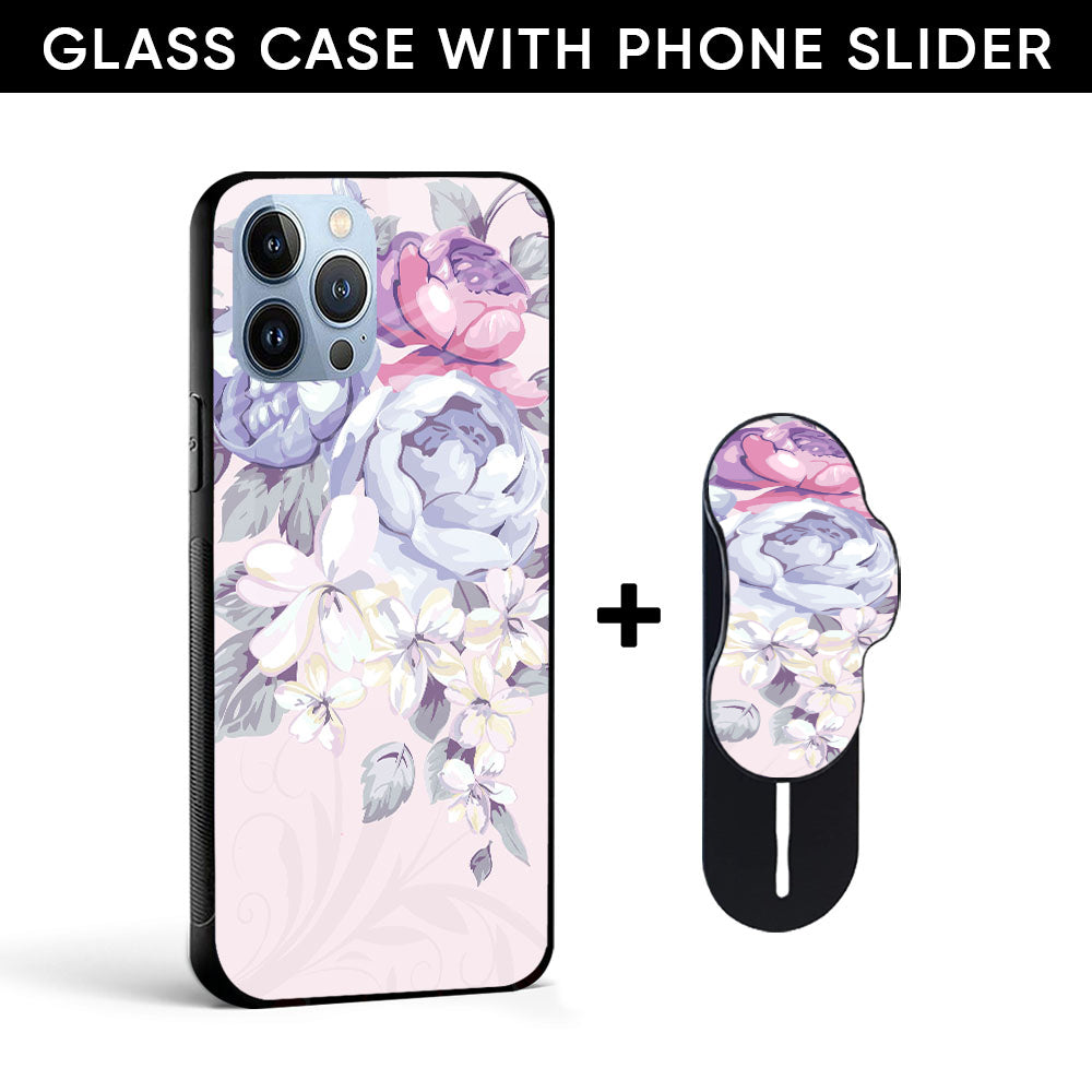 Elegant Flower Glass case with Slider Phone Grip Combo