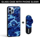 Dark Army Blue Glass case with Slider Phone Grip Combo